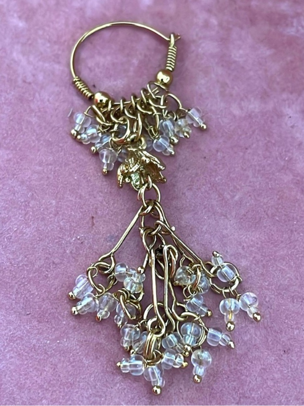 Boho Vintage Gold Tone Dangle Earrings Clear Bead Cascading Cluster Drop 3"